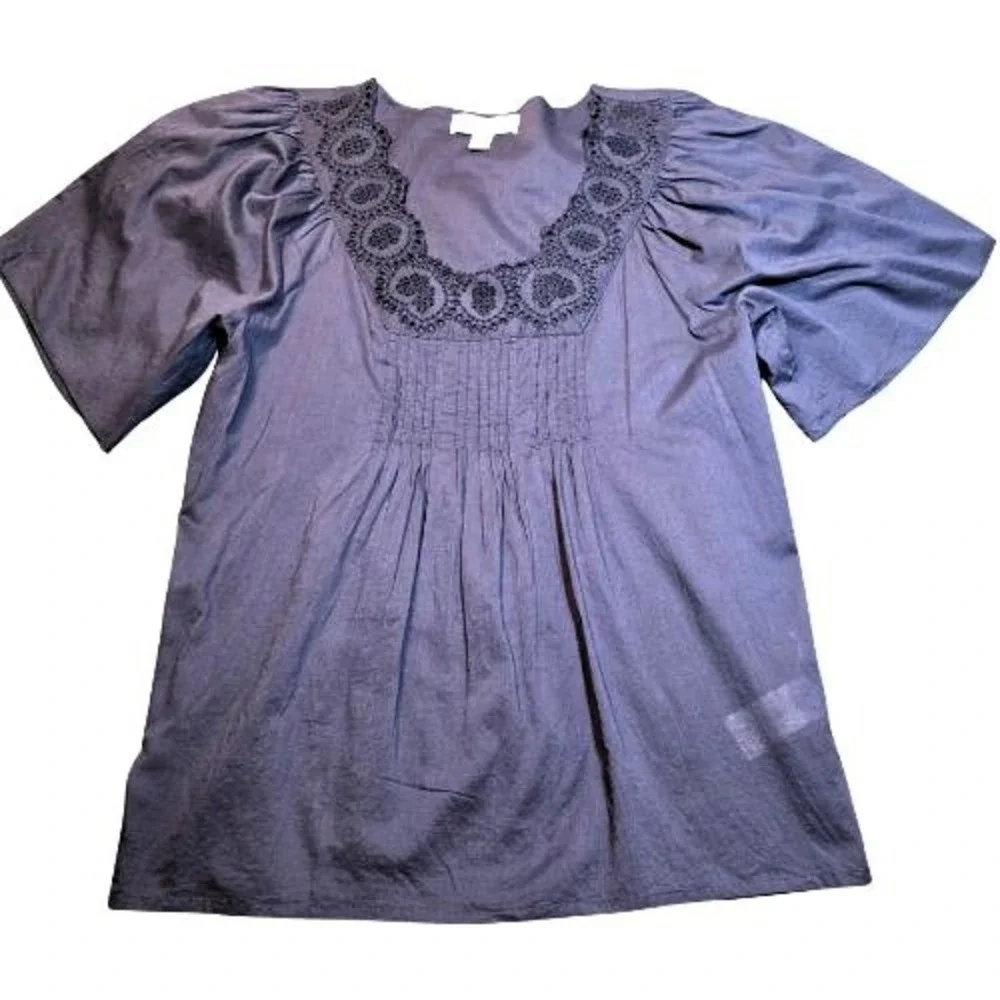 Michael Kors Womens M Navy Blue Cotton Eyelet Lace Trim Pintuck Pleated Boho Top